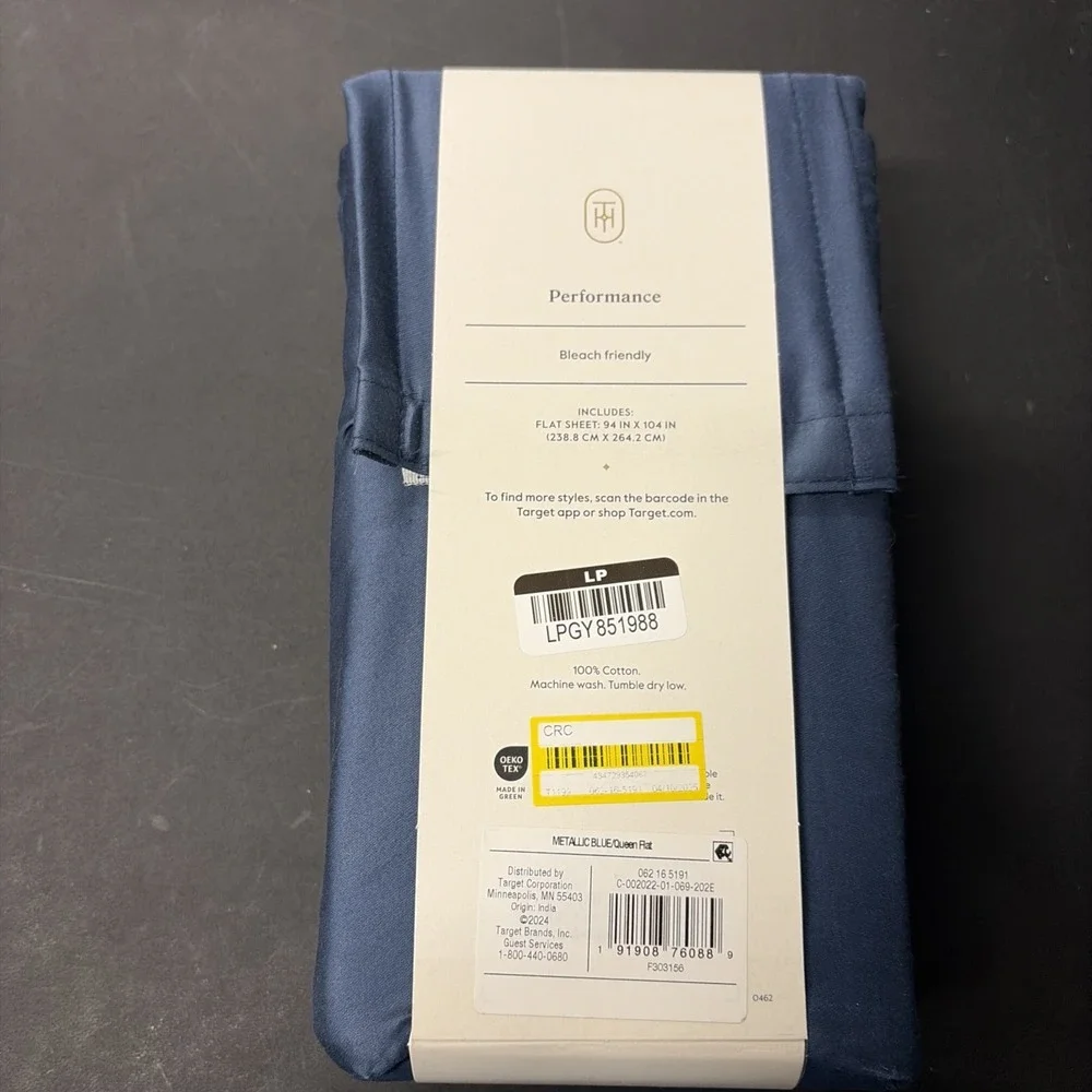Threshold Performance Cotton Sateen QUEEN Flat Sheet Blue 400 TC Smooth 20563